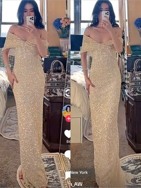 Rachel Gilbert mirela off the shoulder sequin tulle gown